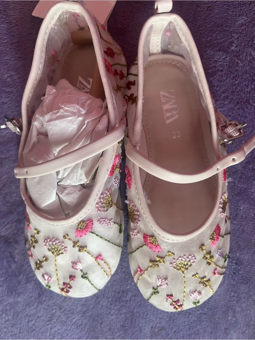 Zara White Floral Embroidered Mary Jane Flats with Pink & Green Accents